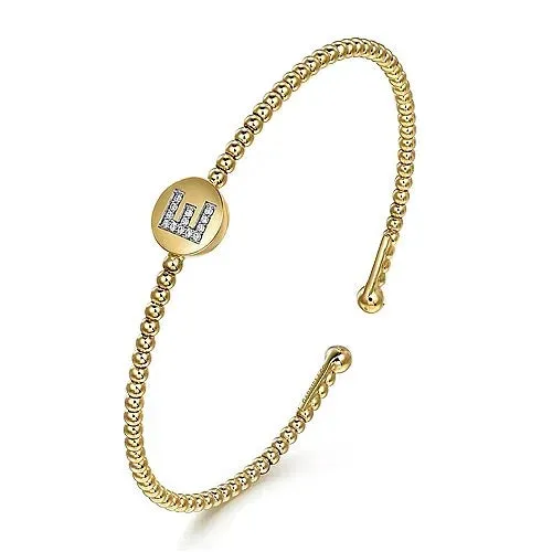 14K Yellow Gold Round E Initial Diamond Bujukan Cuff Bracelet