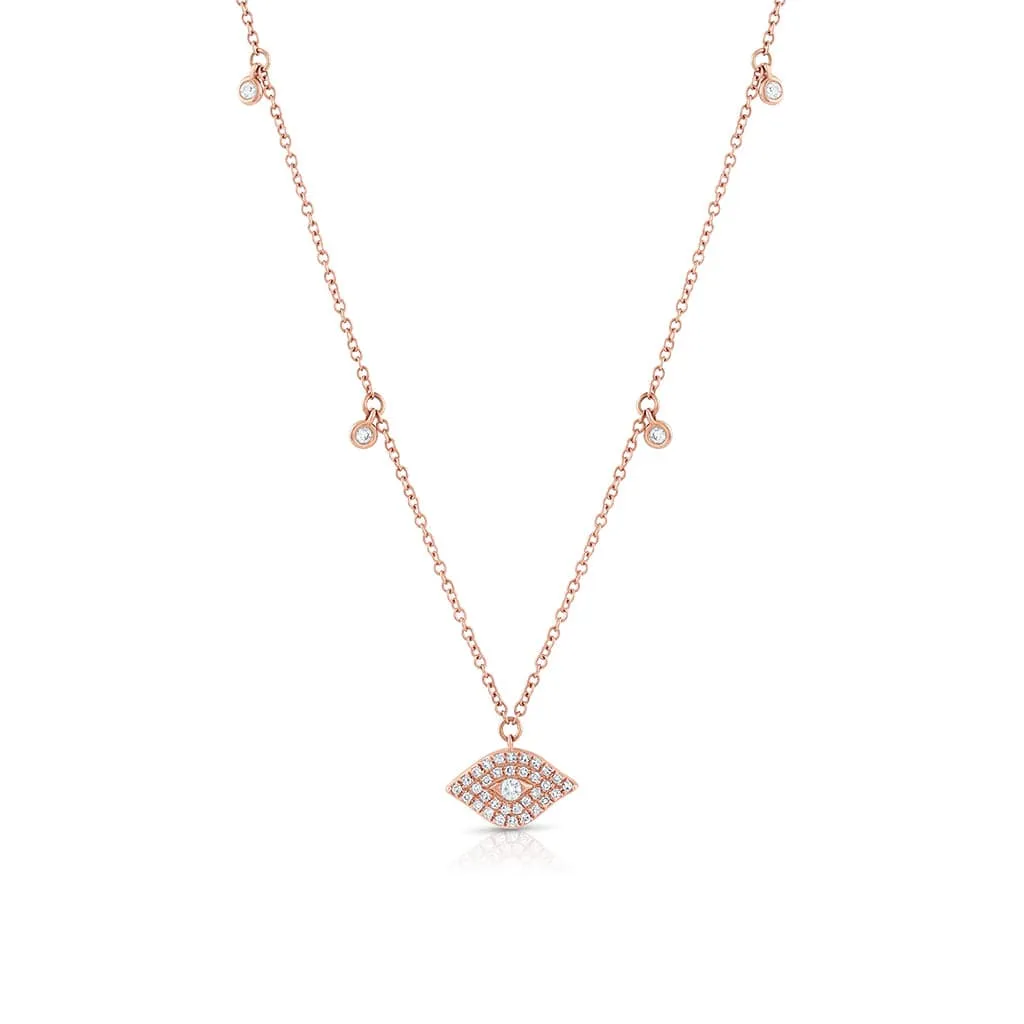 18K Rose Gold Pave Diamond Evil Eye Dangle Pendant Necklace