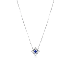 18K White Gold Sapphire Diamond Square Filigree Art Deco Necklace