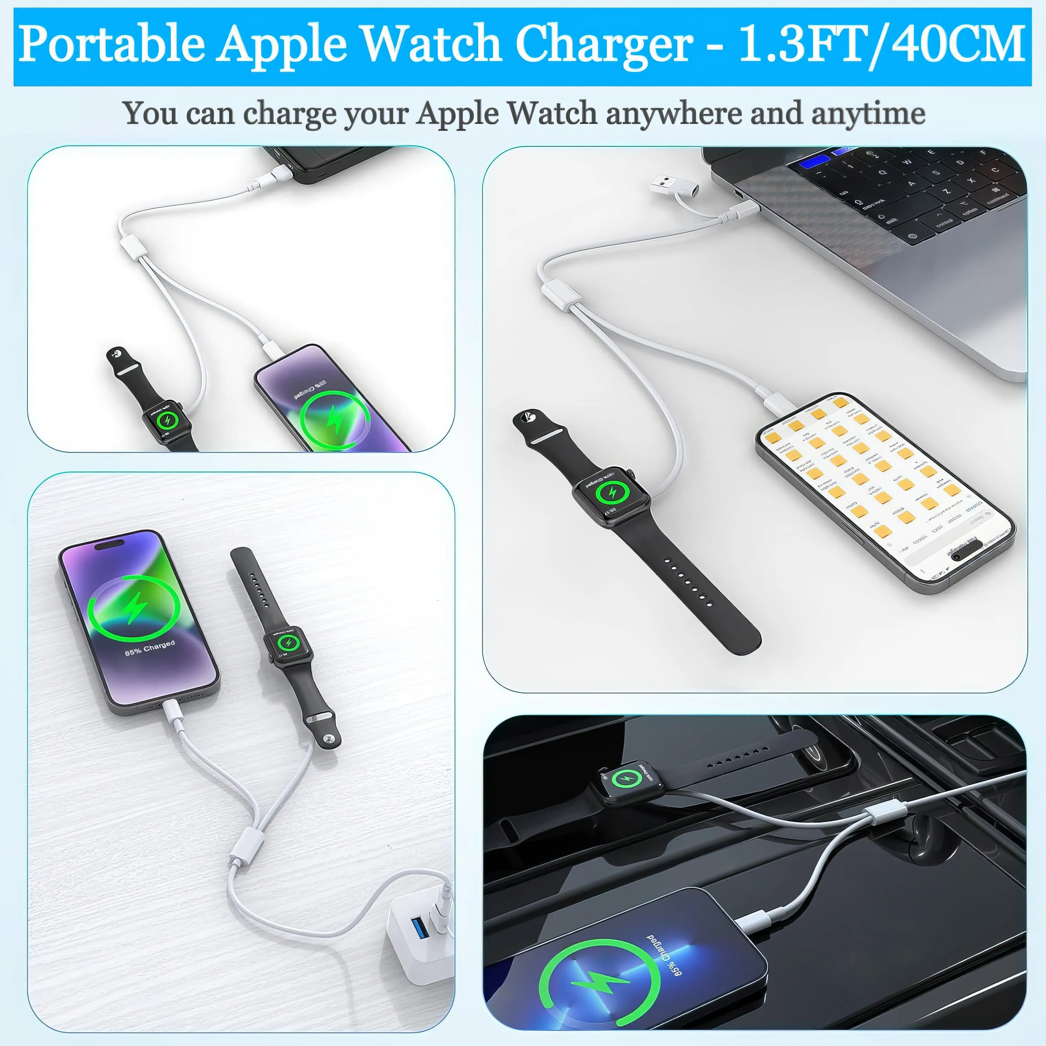 3-in-1 Short Charger for Apple Watch and Type-C Devices (1.3ft/40cm)