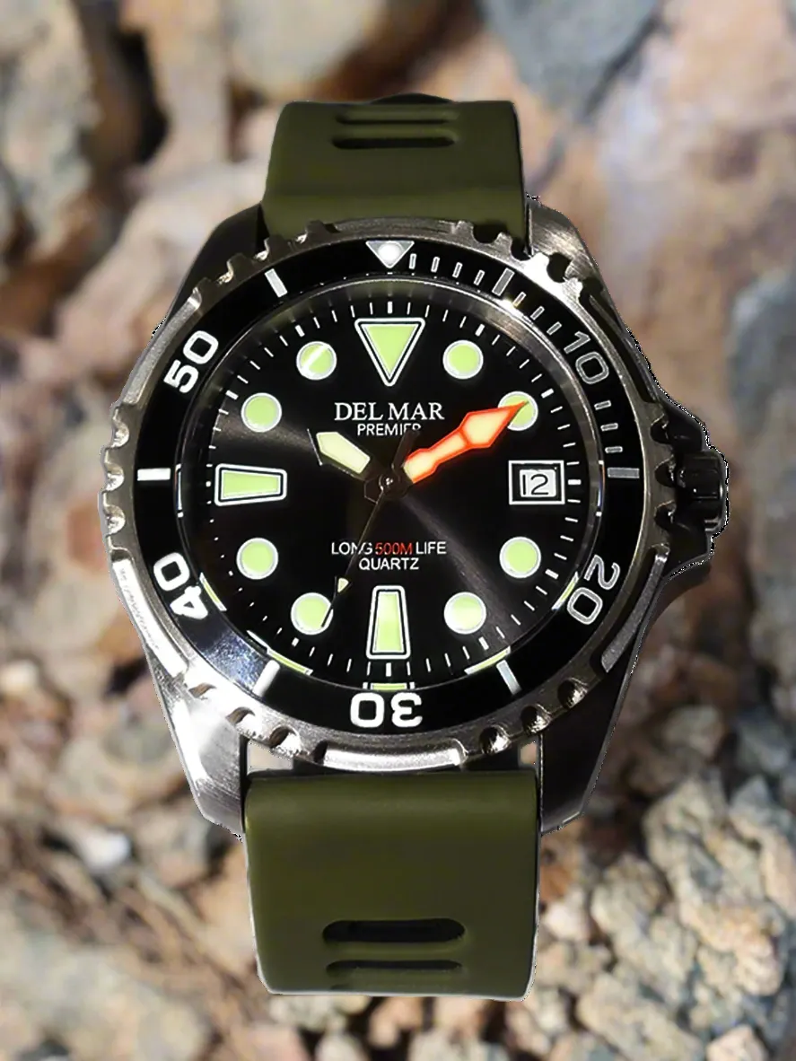 500 Meter Premier Pro Dive Watch #50425 - Black Dial, Khaki Green Band