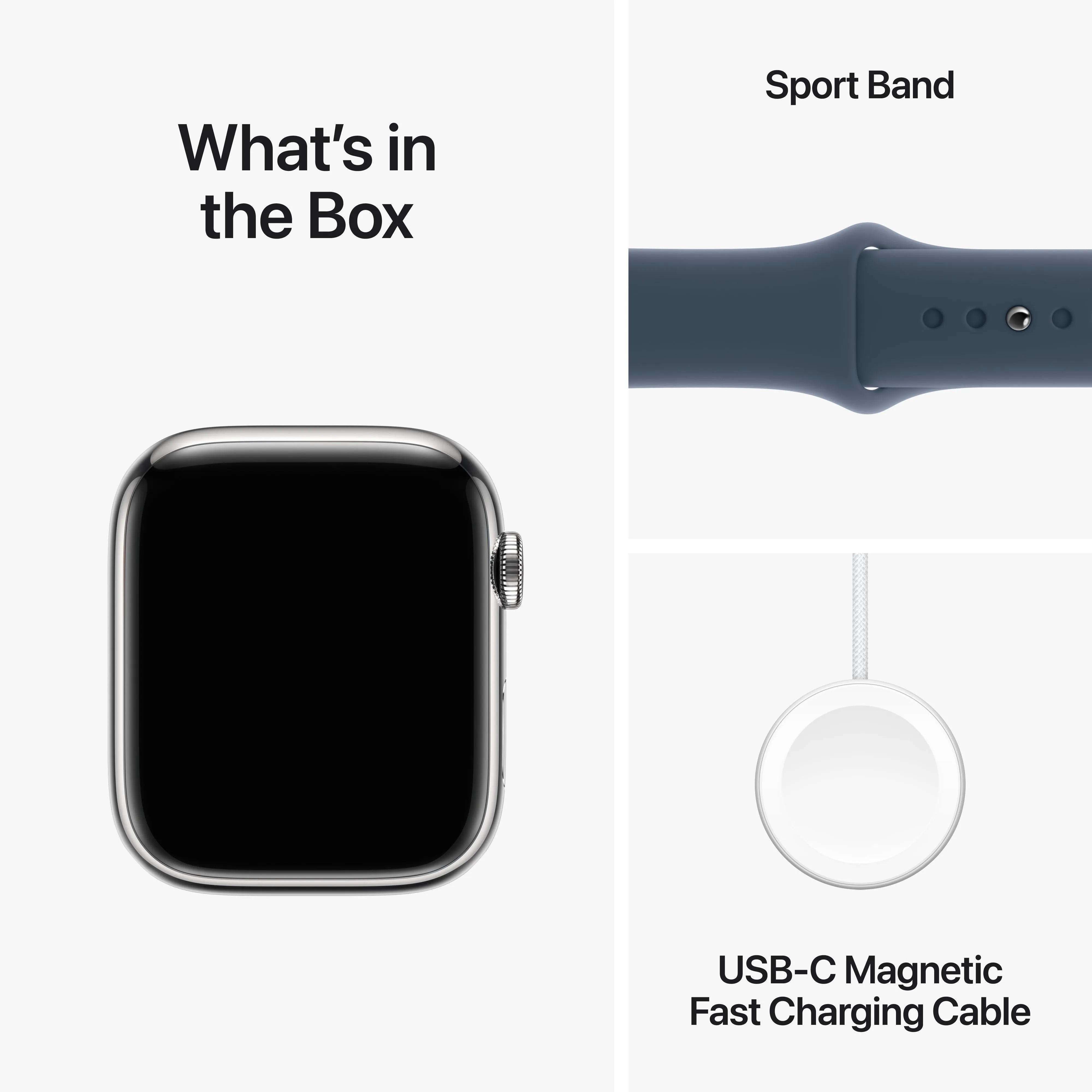 Apple Watch Series 9 GPS   Cellular 45mm Silver Stainless Steel Case with Storm Blue Sport Band - M/L