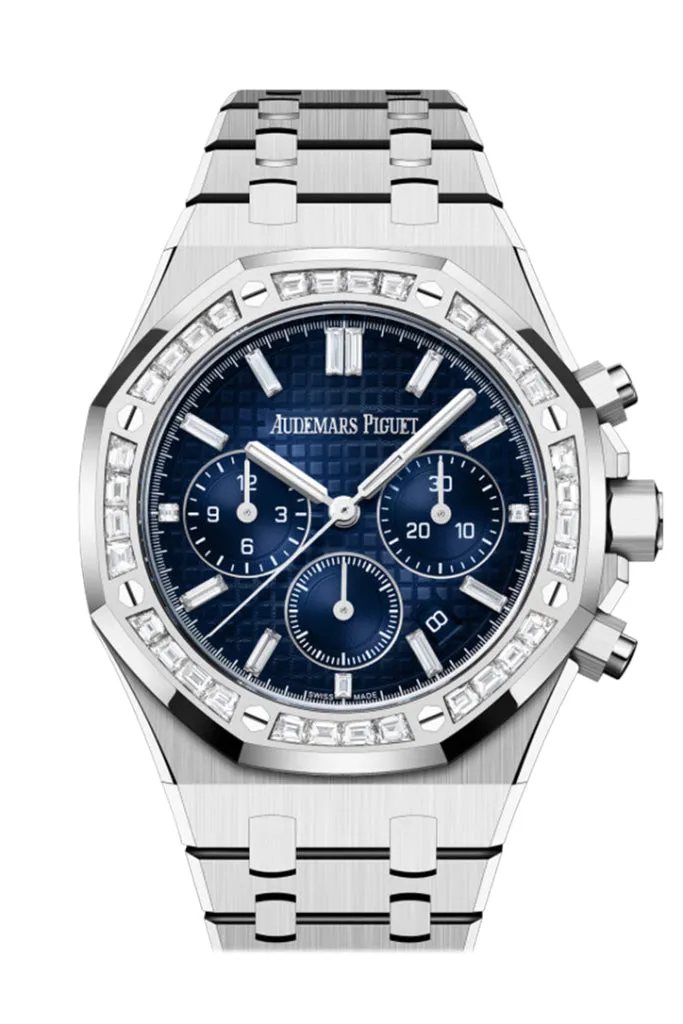 Audemars Piguet Royal Oak Chronograph White Gold Diamond Bezel Blue Diamond Baguette Dial Watch 26715BC.ZZ.1356BC.01