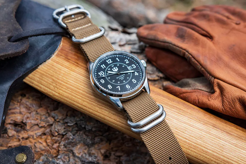 Automatic Field Watch with Stainless Steel Bracelet AND Khaki Nylon Strap