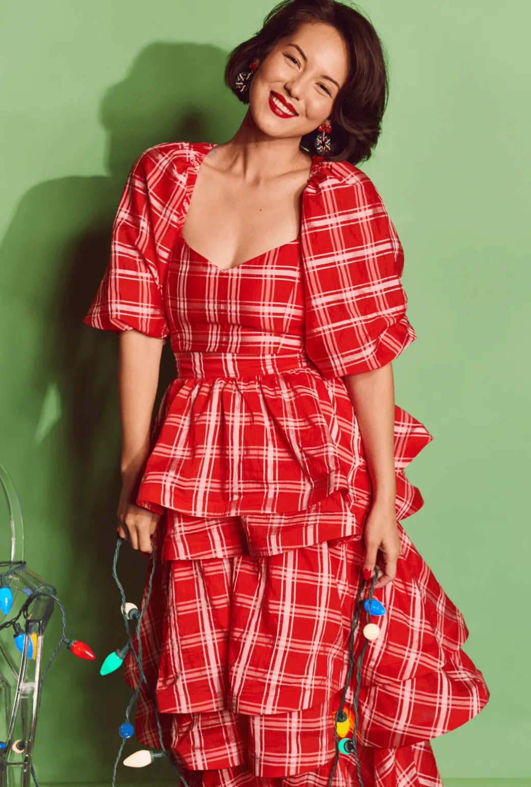 Balloon Sleeve Bustier - Red Plaid