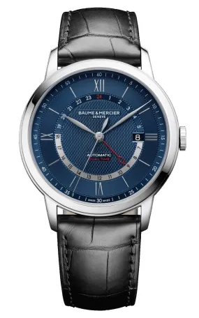 Baume & Mercier Classima Automatic GMT Steel Blue Dial Date Black Leather Strap Mens Watch M0A10482