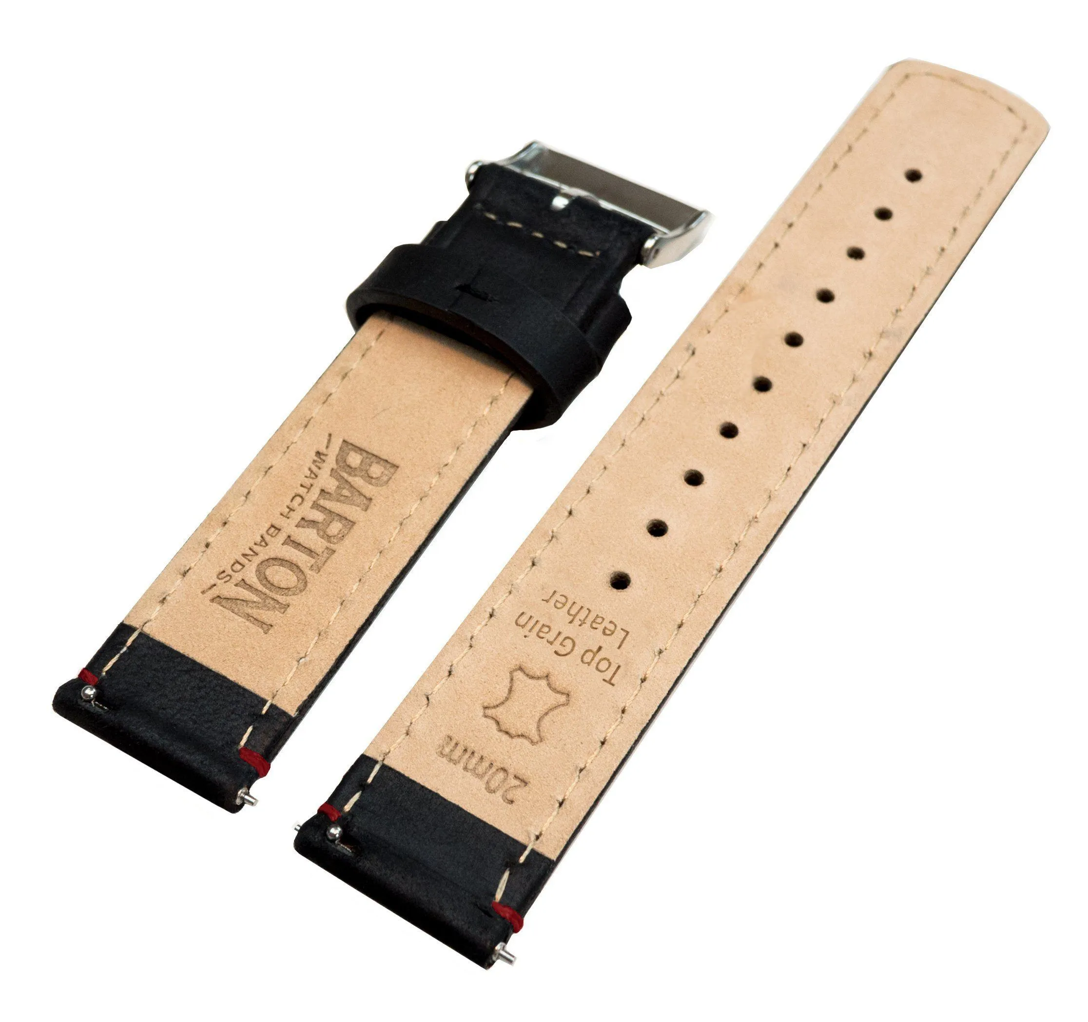 Black Leather Crimson Red Stitching Watch Band