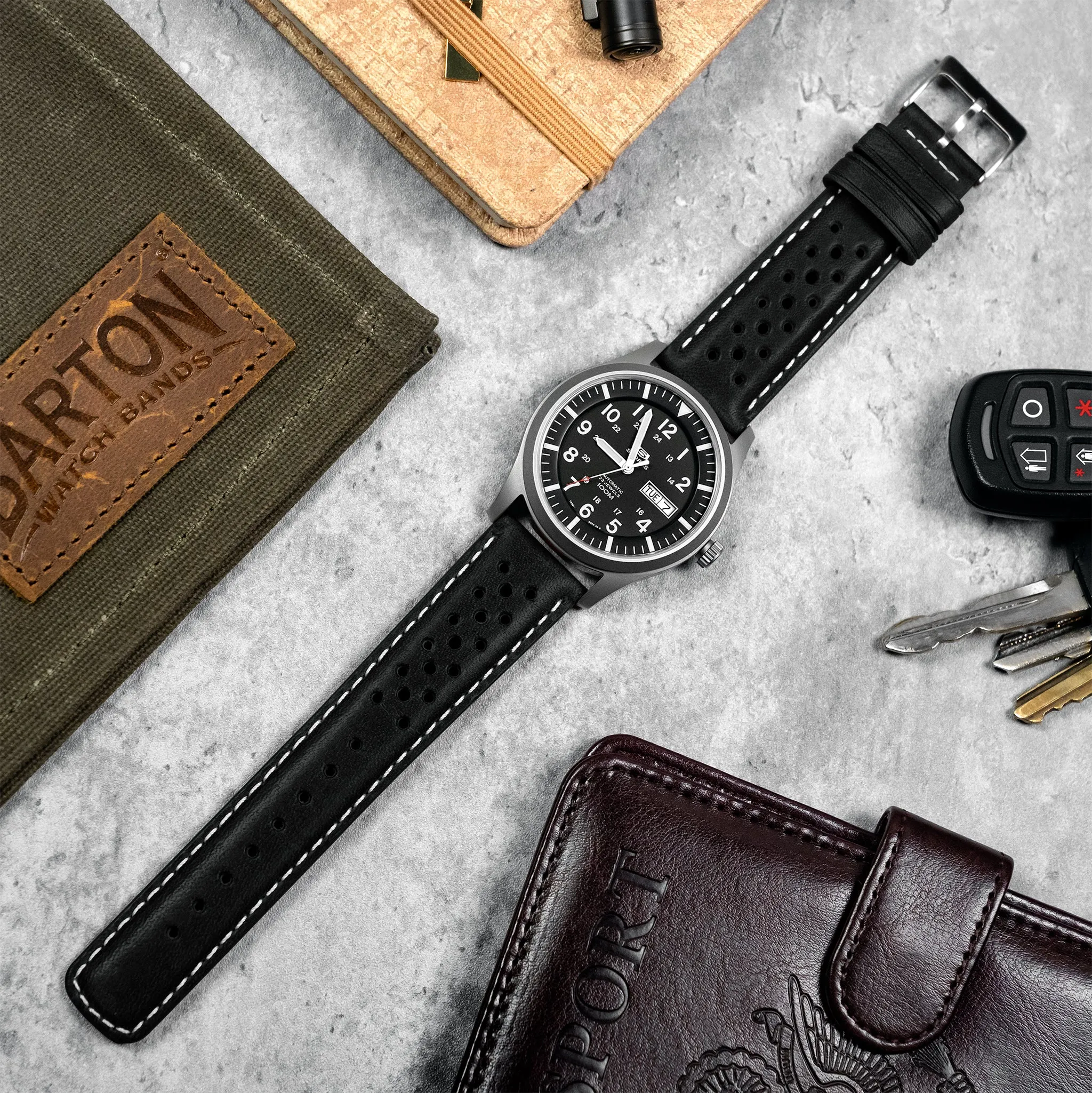 Black Linen Stitch Racing Horween Leather Watch Band (18mm SALE)