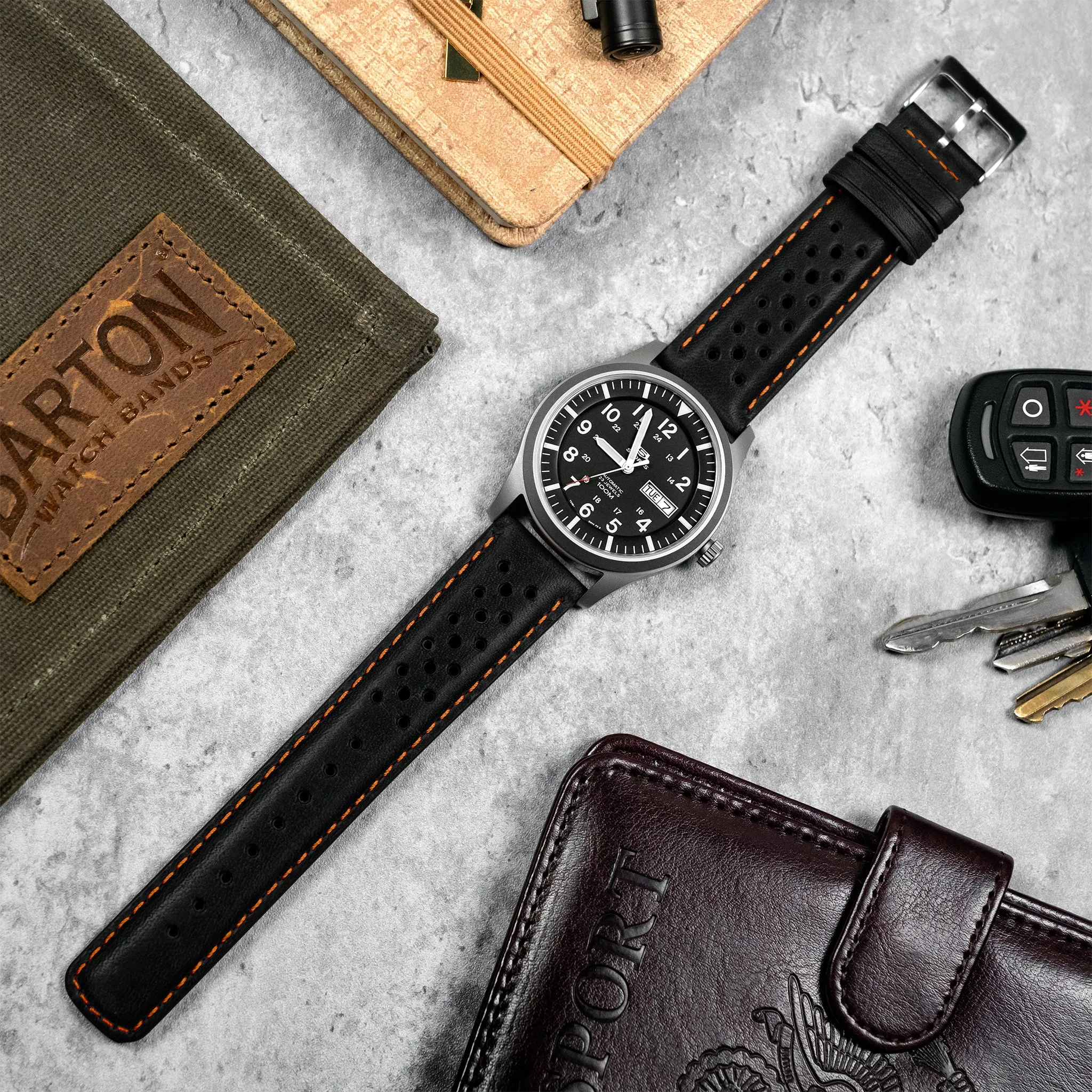 Black Orange Stitch Racing Horween Leather Watch Band (18mm SALE)