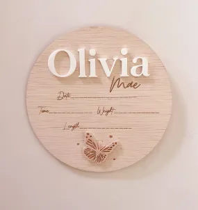 Butterfly Announcement Name Plaque/Birth Details