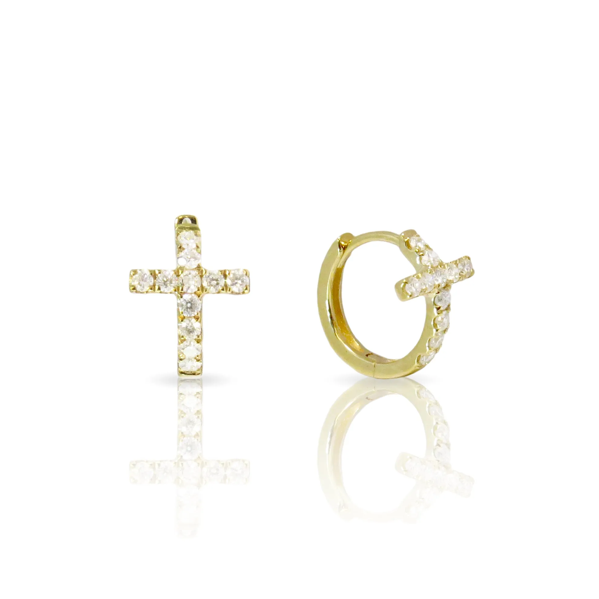 Diamond Cross Hoop Earrings in Yellow Gold