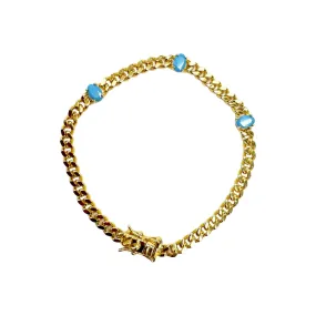 Gold Plated Cuban Link Bracelet with 3 Oval Turquoise Stones