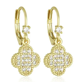 Gold Plated Lever Back Earrings with Hanging CZ Clover