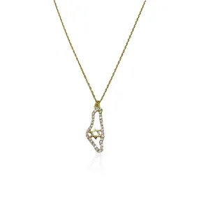 Gold Plated Small Map of Israel Necklace with CZ Stone Border and Jewish Star Center