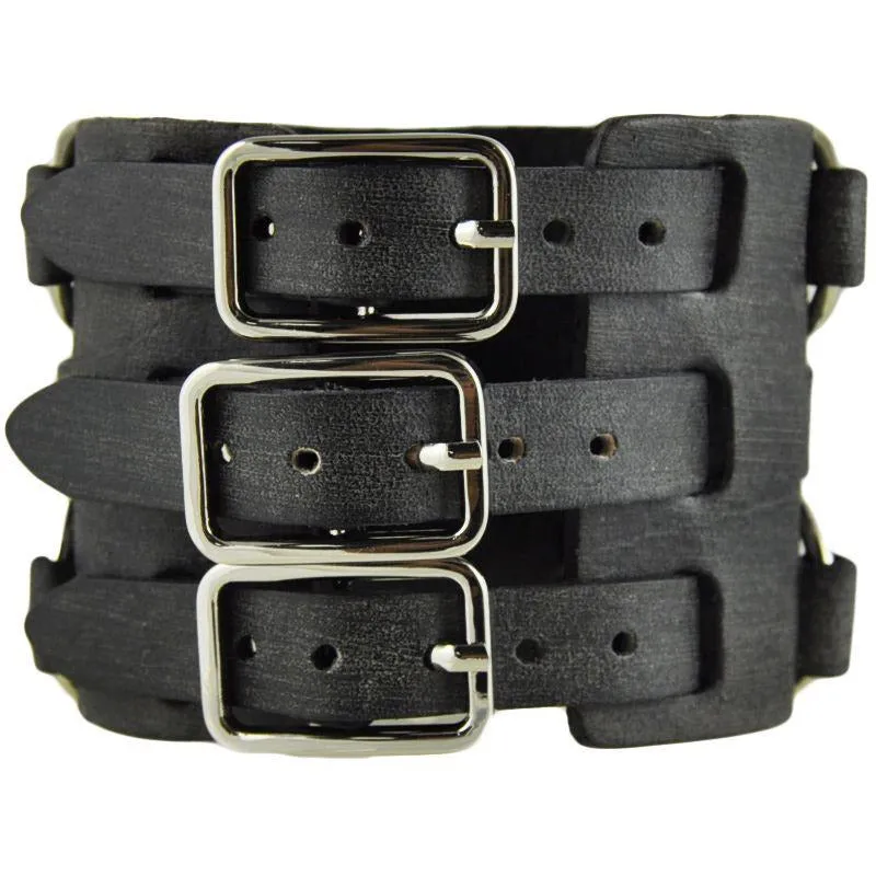 Gradient Black Watch with Distressed Black Leather Triple Strap Cuff FW091K