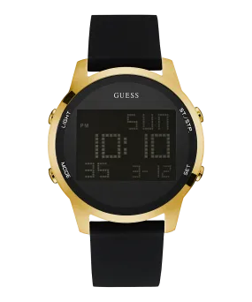 GUESS Mens Black Gold Tone Digital Watch