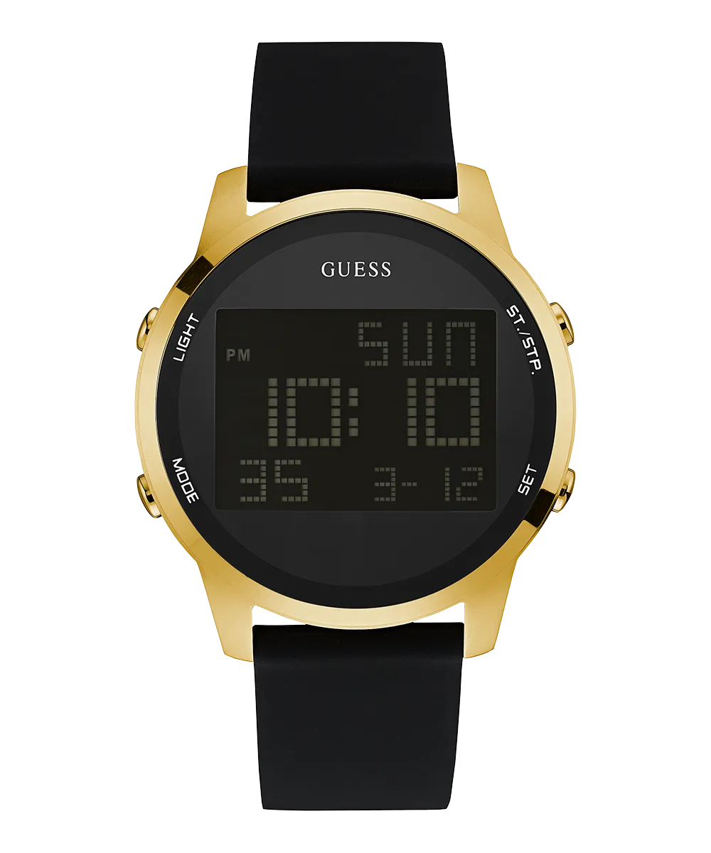 GUESS Mens Black Gold Tone Digital Watch