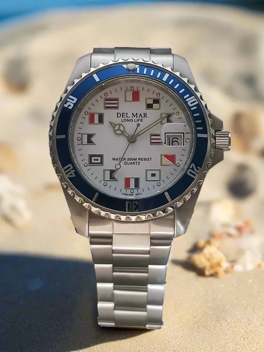 Men’s Long Life Classic Nautical Bracelet Blue Bezel SS Watch #50255