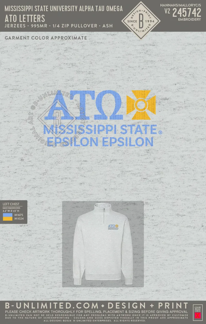 Mississippi State University Alpha Tau Omega - ATO Letters - Jerzees - 995MR - 1/4 Zip Pullover - Ash