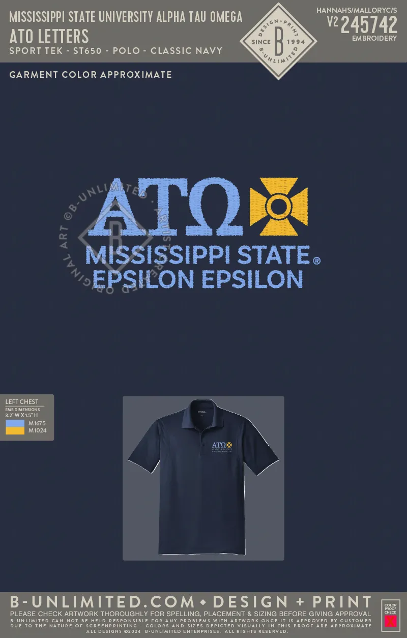 Mississippi State University Alpha Tau Omega - ATO Letters - Sport Tek - ST650 - Polo - Classic Navy