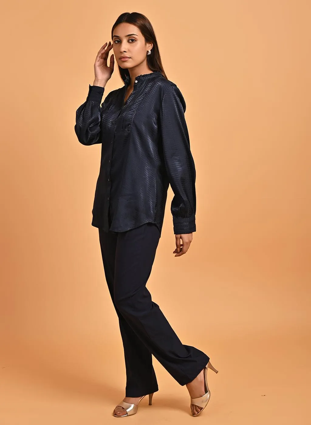 Navy Blue Satin Shirt with Balloon Sleeves and Open Front