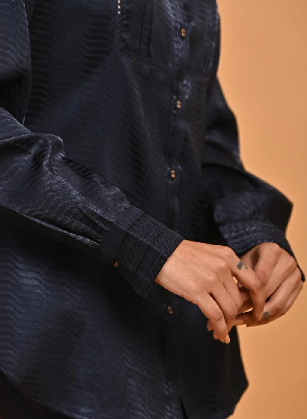 Navy Blue Satin Shirt with Balloon Sleeves and Open Front