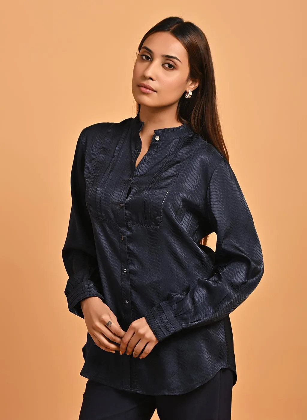 Navy Blue Satin Shirt with Balloon Sleeves and Open Front