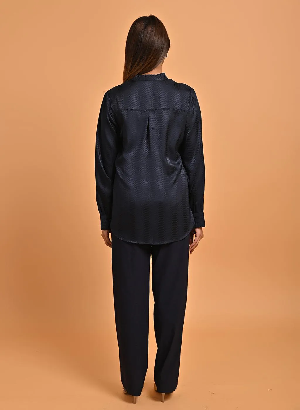 Navy Blue Satin Shirt with Balloon Sleeves and Open Front