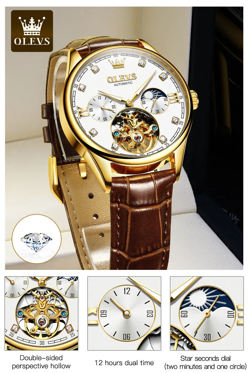 Olevs Tourbillon skeleton luxury business Moon Phase Calendar Leather Luminous Waterproof Men's Automatic Mechanical Watch