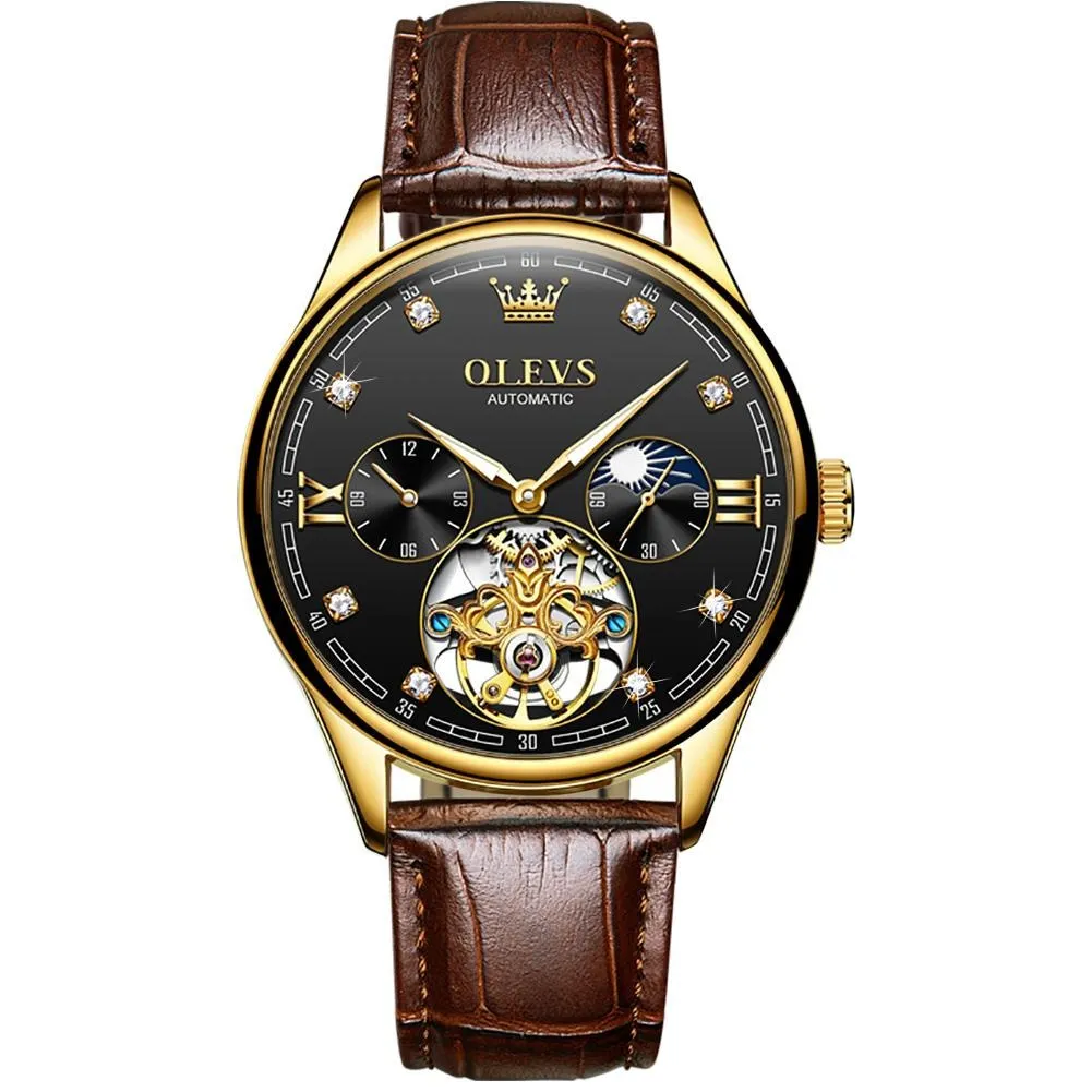 Olevs Tourbillon skeleton luxury business Moon Phase Calendar Leather Luminous Waterproof Men's Automatic Mechanical Watch