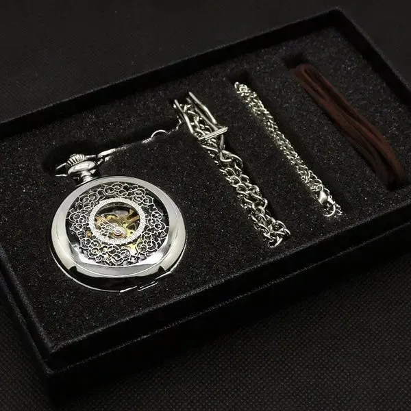 Pocket Watch Set Silver Analog Display