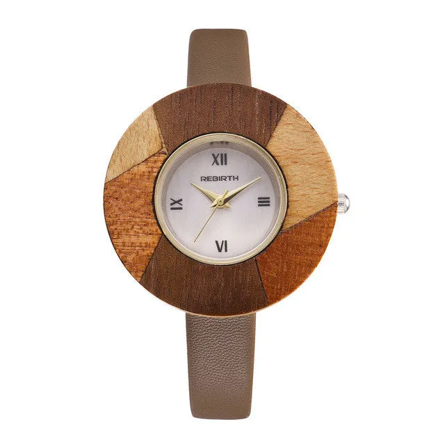 REBIRTH 2016 Bamboo Wooden Watch Women Wristwatches Luxury Leather Genuine Wood Watches For Women Montre Femme Clock Ladies