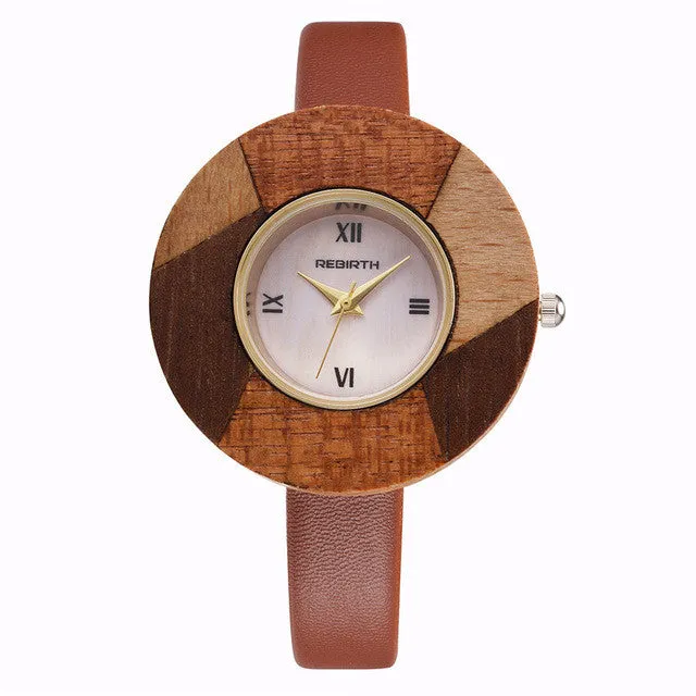 REBIRTH 2016 Bamboo Wooden Watch Women Wristwatches Luxury Leather Genuine Wood Watches For Women Montre Femme Clock Ladies