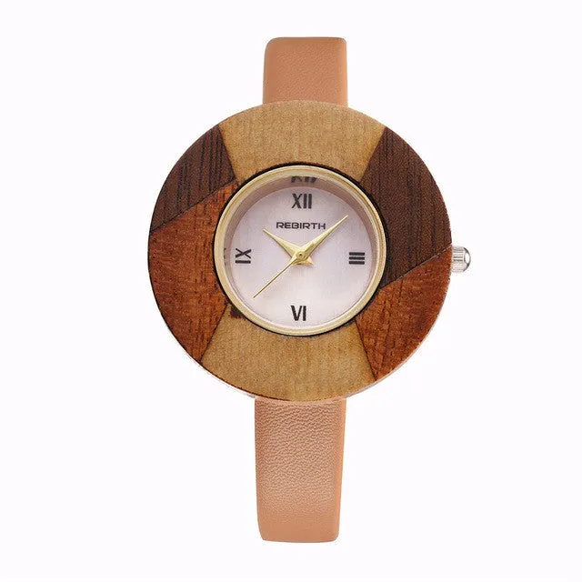 REBIRTH 2016 Bamboo Wooden Watch Women Wristwatches Luxury Leather Genuine Wood Watches For Women Montre Femme Clock Ladies