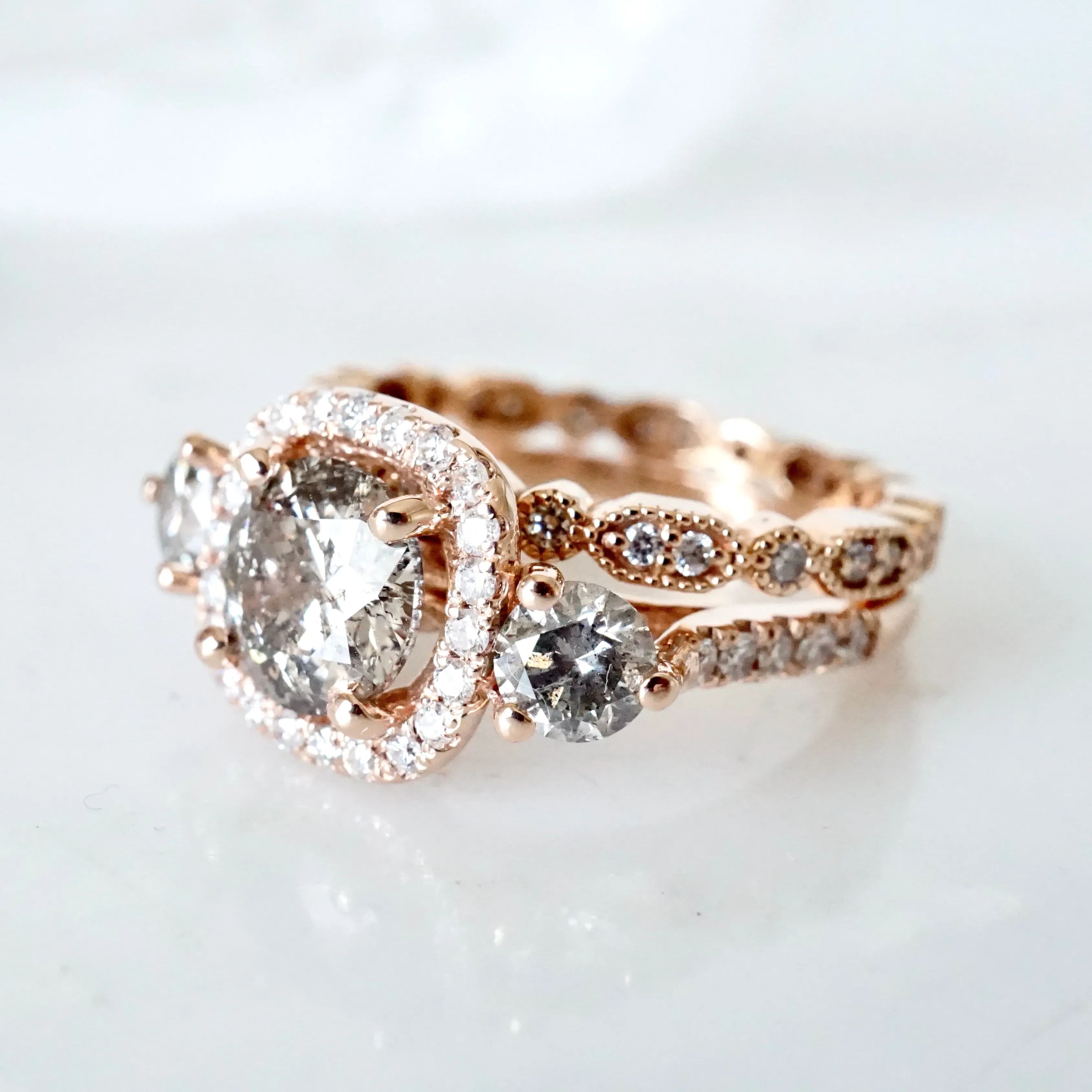 Salt and Pepper Diamond Ring Engagement - Three Stone Diamond Ring - Unique Diamond Engagement Ring - Gray Diamond Rose Gold ring