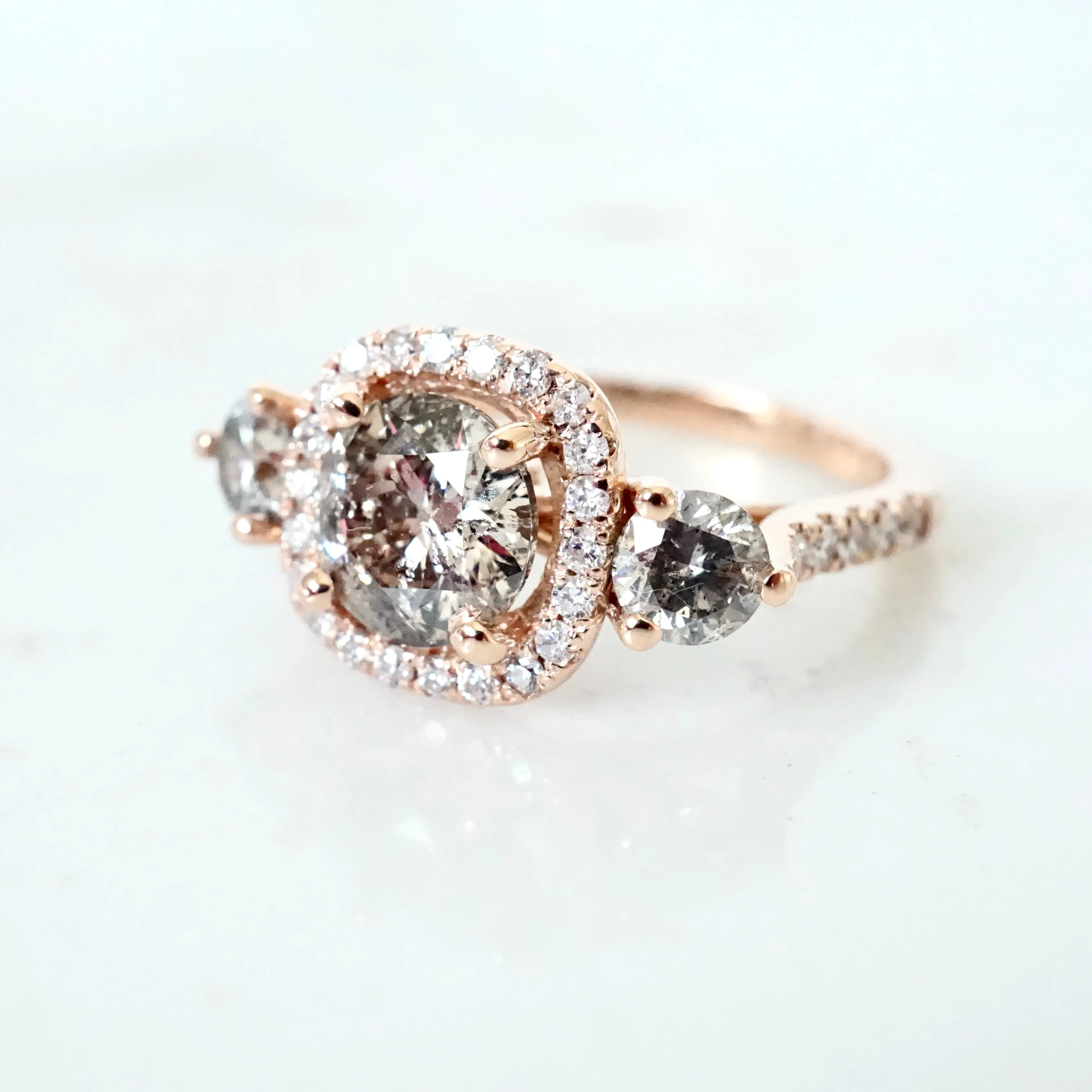 Salt and Pepper Diamond Ring Engagement - Three Stone Diamond Ring - Unique Diamond Engagement Ring - Gray Diamond Rose Gold ring