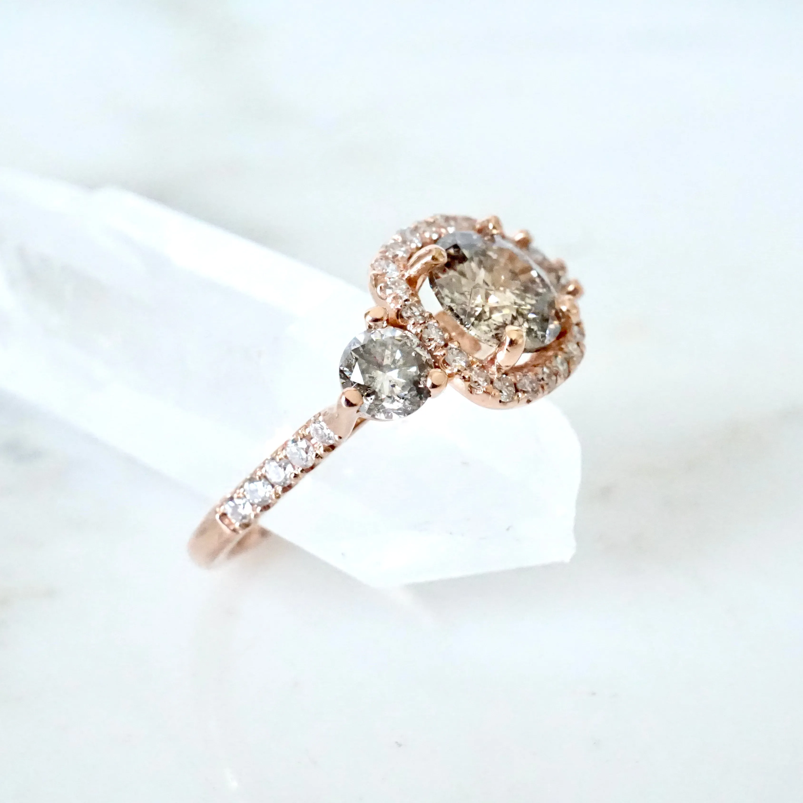 Salt and Pepper Diamond Ring Engagement - Three Stone Diamond Ring - Unique Diamond Engagement Ring - Gray Diamond Rose Gold ring