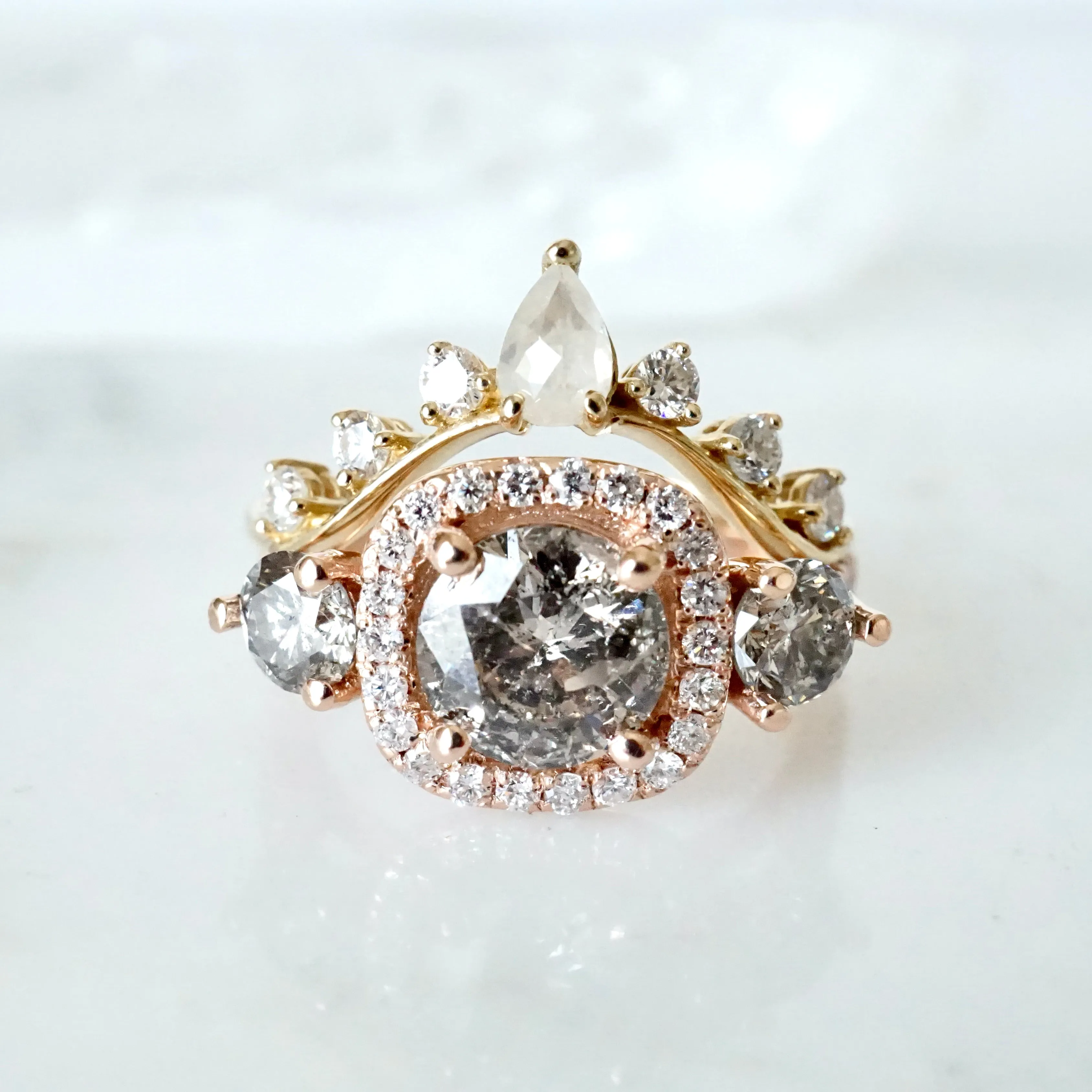 Salt and Pepper Diamond Ring Engagement - Three Stone Diamond Ring - Unique Diamond Engagement Ring - Gray Diamond Rose Gold ring