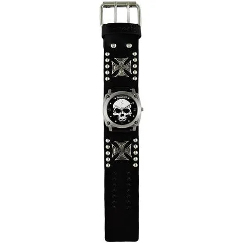 Skull Black Watch with Iron Cross Studded Black Leather Cuff