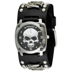 Skull Black Watch with Iron Cross Studded Black Leather Cuff