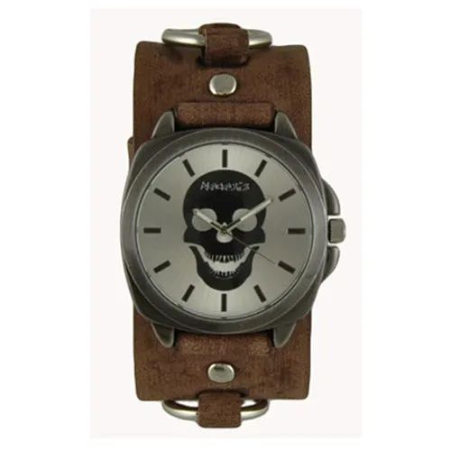 Skull Silver Watch with Ring Distressed Brown Leather Cuff