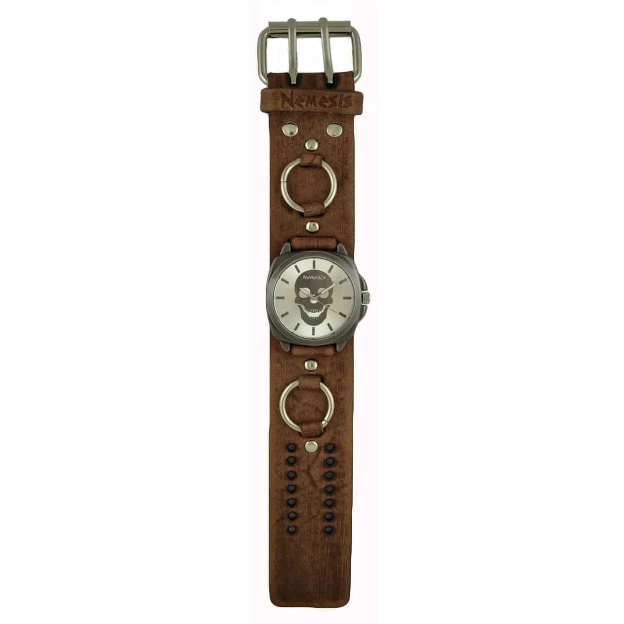 Skull Silver Watch with Ring Distressed Brown Leather Cuff