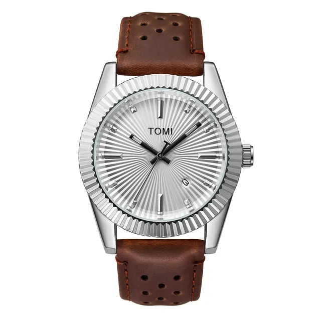 TOMI T-098 Men's Watch Date Quartz Round Shape Dial Leather Straps