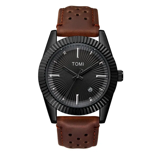 TOMI T-098 Men's Watch Date Quartz Round Shape Dial Leather Straps