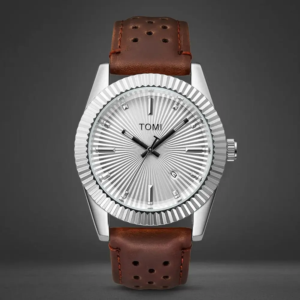 TOMI T-098 Men's Watch Date Quartz Round Shape Dial Leather Straps