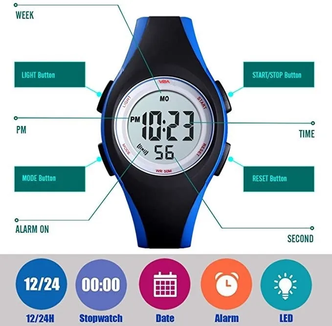 V2A 5ATM Waterproof Digital Kids Sports Watch for Boys and Girls