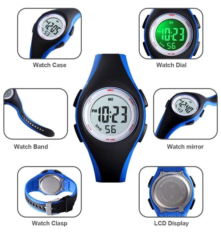 V2A 5ATM Waterproof Digital Kids Sports Watch for Boys and Girls