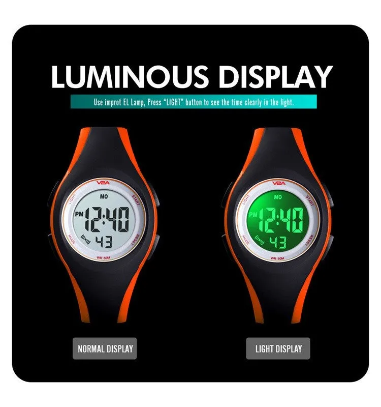 V2A 5ATM Waterproof Digital Kids Sports Watch with Luminous Alarm Stopwatch for Boys and Girls (White Dial Black and Orange Colored Strap)