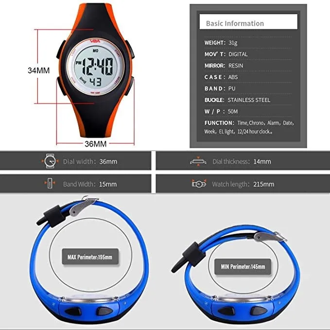 V2A 5ATM Waterproof Digital Kids Sports Watch with Luminous Alarm Stopwatch for Boys and Girls (White Dial Black and Orange Colored Strap)