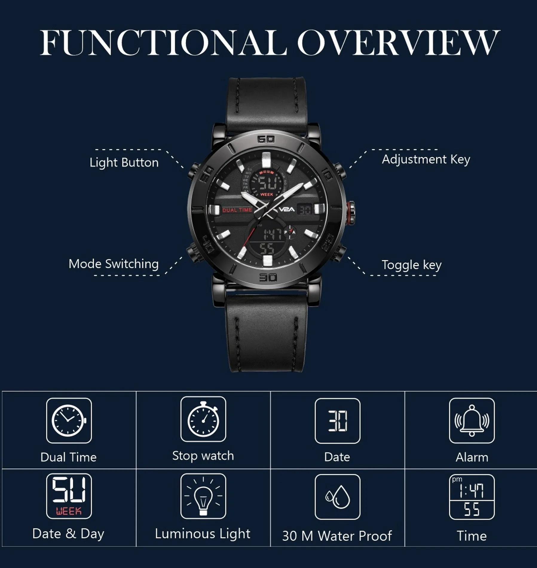 V2A Alloy Case and Genuine Leather Band Analog Digital Fashion Watch for Men Latest Men’s Watch | Gifts for Men | Gift for Brother | Gift for Husband | Birthday Gifts